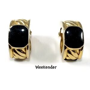 Weekender Gold Tone Clip Earrings Black Lucite Stones Butterfly Mark Vintage